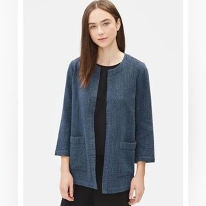 Eileen Fischer Blue Indigo organic cotton and linen open jacket